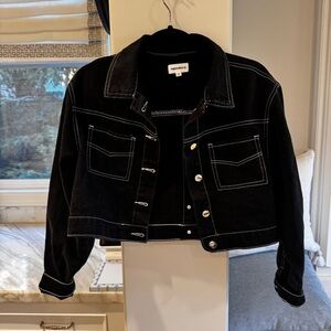 Superdown Quinn Button Down Jacket -  Black Cropped Denim Jacket w/ White stitch